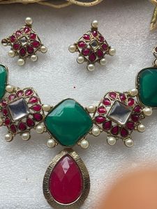 Zaveri Pearls Green Maroon Set With White Pearl