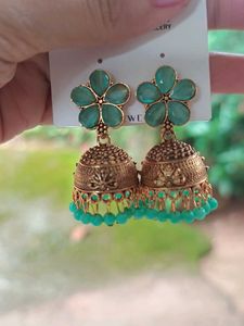 Ethnic Teal Jhumka Earrings with Floral Design