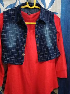 Girls Red Top with Denim Vest