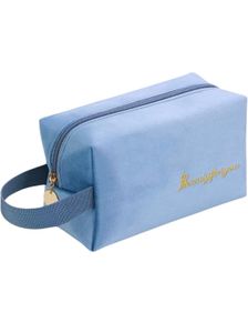 BLUE BEADS Plain Simple Cosmetic Velvet Makeup Pou