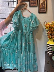 Aqua Floral Flutter Sleeve Dress