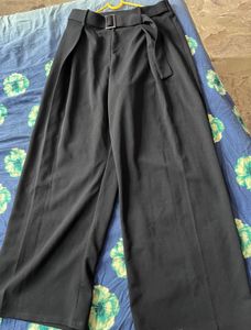 Wide Leg Belted Black Trousers
