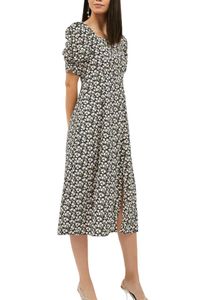 Floral Midi Dress With Slit And Puff Sleeves