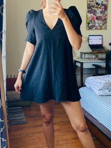 Zara Black Mini Dress With Puff Sleeve Detail