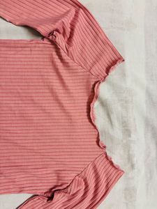 Pink Ribbed Boat Neck Long Sleeve Top