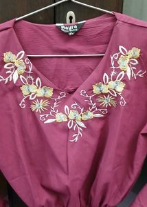 Embroidered Maroon Top With Bell Sleeves