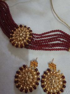 Maroon Beaded Necklace & Earring Set