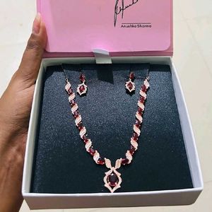 GIVA 925 Silver Rose Gold Ruby Necklace Earing Set