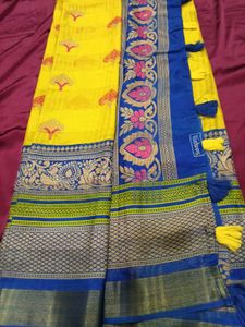 Yellow &amp; Blue Saree Cotton Silk