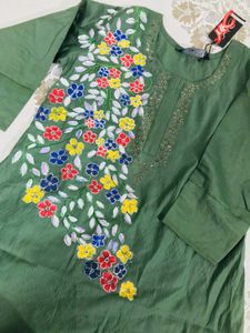 Hand Painted Floral Embroidered Green Tunic