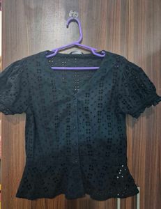 Black Eyelet Peplum Top
