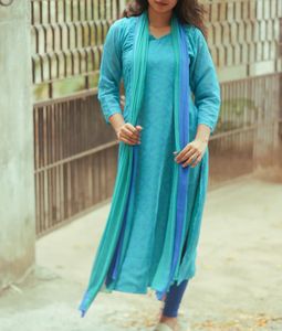 Sky blue and green aline kurti with dupatta