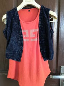 Coral Tank & Denim Vest Set