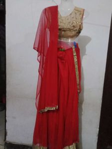 Red &amp; Golden Lehnga Unstitched Koti