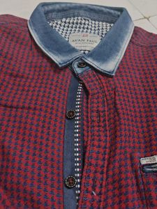Burgundy Houndstooth Shirt with Denim Accents