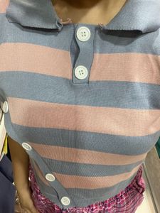 Blue And Pink Stripe Top With Side Button