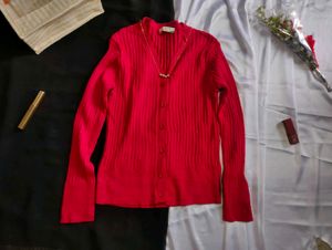 Red Knit Cardigan with Buttons