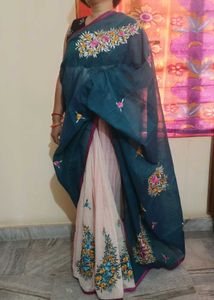 Hand-Embroidered Linen Saree