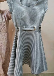 Chic Grey & White Striped Fit & Flare Dress