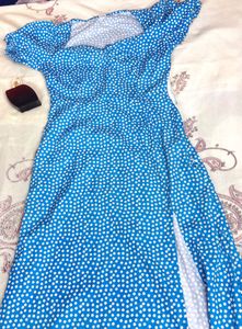 Cafe Type Blue Side Slit Polka Dot Dress