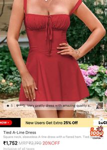 Red A-Line Tie Dress With Drawsting Neck Front