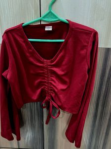 Red Ruched Long Sleeve Crop Top