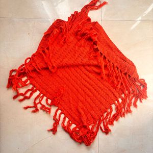 Cozy Orange Knit Poncho with Fringe