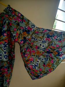 Bell Sleeves Printed Women's Blue Top