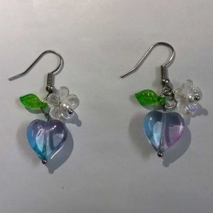 Handmade Blue Heart Earrings with Flower and Leaf