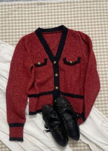 Red Knit Cardigan with Black Trim