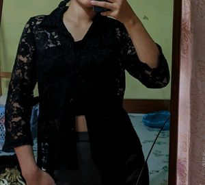 Black Lace Button Up Top