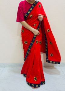Red Saree With Blue Unstitched Blouse