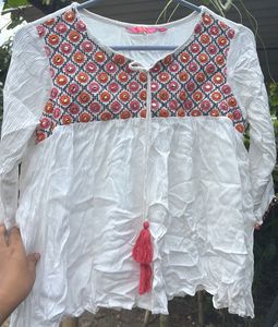 White Embroidered Boho Tunic with Tassel