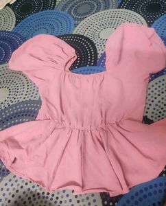 Pink Puff-Sleeve Peplum Crop Top