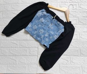 Korean Floral Denim Lace-up Corset Top