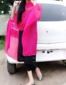 Black Kurta Pant Set With Pink Dupatta