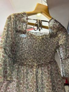 Three Fourth Sleeves Top With Smoking &amp; Frill Detailing &amp; Floral Print