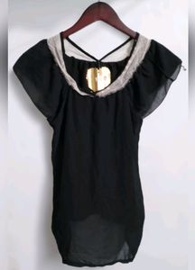 Black Sheer Ruffled Top with Keyhole Neckline