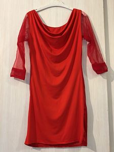 Red Party Dress with Sheer Sleeves