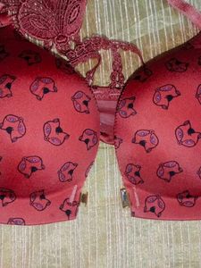 Red Patterned Front Open Bra with Lace Detail
