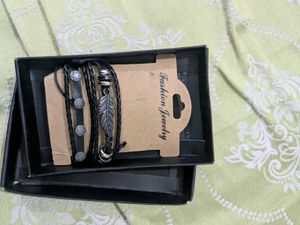 Leather Feather Bracelet Set