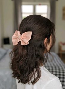 Peach Hair Bow Clip with Pearls