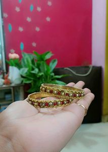 Gold &amp; Red Beaded Bangles - Set of 2