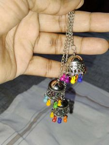 Silver Jhumka Earrings with Colorful Beads