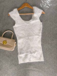 Fluffy White Sleeveless Top