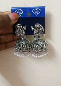 Silver Peacock Jhumka Earrings