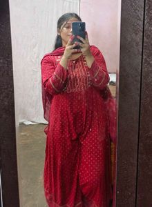 Red Anarkali Kurta Set With Dupatta (Women&#39;s)