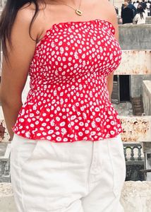 Red Floral Smocked Tube Top