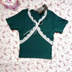 Ribbed Tee with Lace &amp; Bow Detail