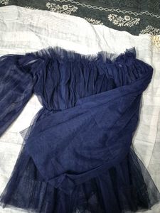 Navy Blue Tulle Off-Shoulder Top